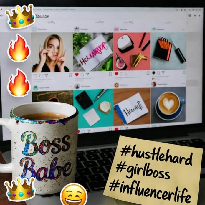 Cluttered laptop with chaotic Instagram feed, chipped "Boss Babe" mug, crumpled hashtag Post-it. Cluttered laptop with chaotic Instagram feed, chipped "Boss Babe" mug, crumpled hashtag Post-it.