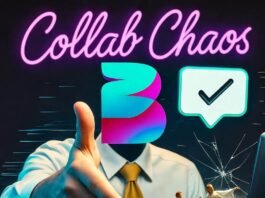 Best Influencer Marketing Platforms for Brand Growth Quirky influencer handshake, morphing logo, cracked laptop with avatars, neon "Collab Chaos" sign.