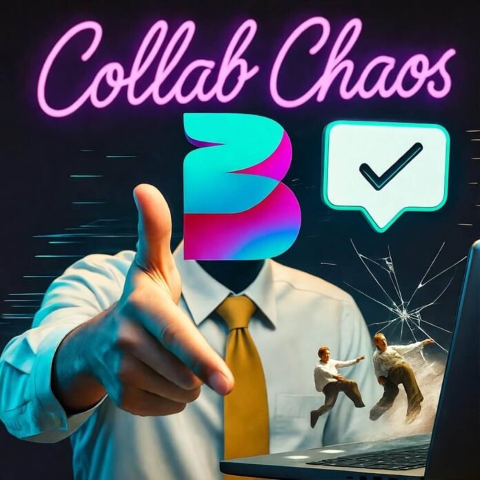 Quirky influencer handshake, morphing logo, cracked laptop with avatars, neon "Collab Chaos" sign. Quirky influencer handshake, morphing logo, cracked laptop with avatars, neon "Collab Chaos" sign.