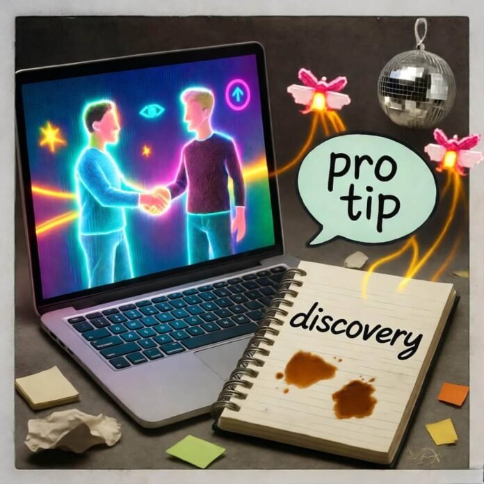 Holographic handshake, coffee-stained notes, disco ball, fireflies, neon "pro tip" on retro Polaroid. Holographic handshake, coffee-stained notes, disco ball, fireflies, neon "pro tip" on retro Polaroid.