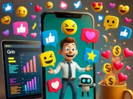 A Deep Dive into Grin: The All-In-One Influencer Platform Cartoon influencer juggles icons on smartphone, spills hearts and cash with robots.