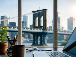 Choosing the Right Influencer Analytics Tool for Your Campaign Glitchy Brooklyn desk view, coffee steam, laptop, data network, "aha!" moment.