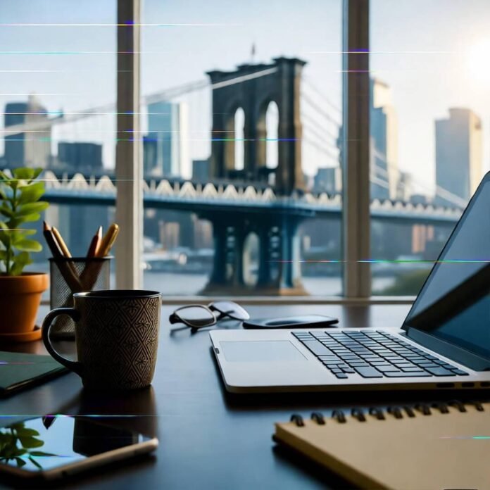 Glitchy Brooklyn desk view, coffee steam, laptop, data network, "aha!" moment. Glitchy Brooklyn desk view, coffee steam, laptop, data network, "aha!" moment.