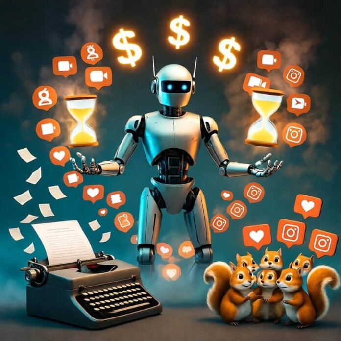Robot juggles dollars and hourglasses, squirrels hoard likes, typewriter spews confetti. Robot juggles dollars and hourglasses, squirrels hoard likes, typewriter spews confetti.