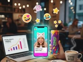 Micro Influencers: Why They’re the Future of Brand Collaboration "Influencer's glowing phone, social media stats, energy drink, and emojis in a cafe."