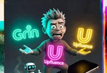 Influencer Platform Showdown: Grin vs Upfluence Frazzled influencer juggles neon logos on wobbly phone, robot cheers, hashtags fly.