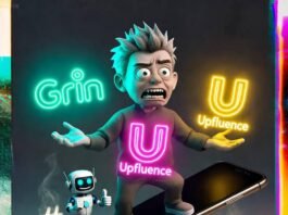 Influencer Platform Showdown: Grin vs Upfluence Frazzled influencer juggles neon logos on wobbly phone, robot cheers, hashtags fly.