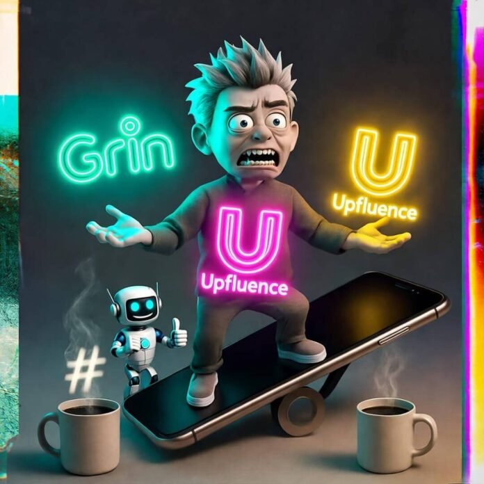 Frazzled influencer juggles neon logos on wobbly phone, robot cheers, hashtags fly. Frazzled influencer juggles neon logos on wobbly phone, robot cheers, hashtags fly.
