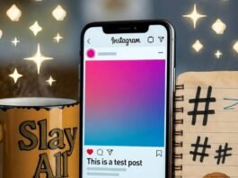 How to Become a Brand Influencer and Land Paid Partnerships? Blurry phone with half-finished Instagram post, chipped "Slay All Day" mug, notebook with hashtags and coffee ring, glitter sparkles.