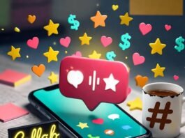 The Fastest Way to Connect Influencers with Brands Messy desk with phone notifications, chipped mug, neon "Collab" sign, floating emojis.