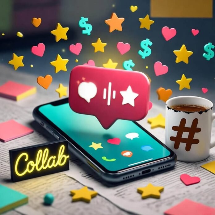 Messy desk with phone notifications, chipped mug, neon "Collab" sign, floating emojis. Messy desk with phone notifications, chipped mug, neon "Collab" sign, floating emojis.