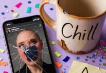 How to Promote Products as an Influencer Without Being Pushy? Beat-up phone with Instagram story, chipped "Chill" mug, sticky note star, glitter, vibrant colors.