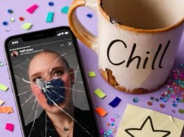 How to Promote Products as an Influencer Without Being Pushy? Beat-up phone with Instagram story, chipped "Chill" mug, sticky note star, glitter, vibrant colors.