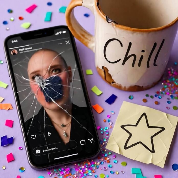 Beat-up phone with Instagram story, chipped "Chill" mug, sticky note star, glitter, vibrant colors.