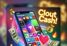 Understanding Influencer Marketing Costs in 2025 Smartphone with wild Insta feed, swirling cash, neon "Clout=Cash!" sign, emojis.
