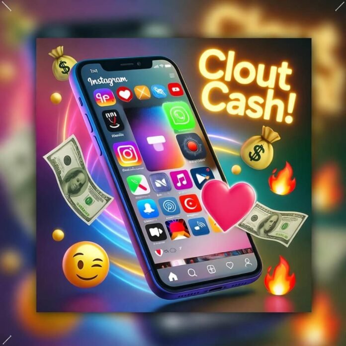 Smartphone with wild Insta feed, swirling cash, neon "Clout=Cash!" sign, emojis. Smartphone with wild Insta feed, swirling cash, neon "Clout=Cash!" sign, emojis.