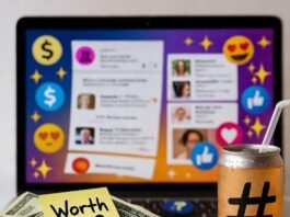 Paid Influencer Campaigns: How Much Should You Charge? Chaotic laptop screen, dollar bills with "Worth It?" note, half-drunk energy drink, emojis.