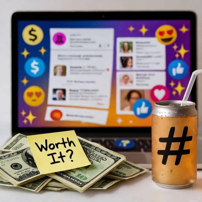 Chaotic laptop screen, dollar bills with "Worth It?" note, half-drunk energy drink, emojis. Chaotic laptop screen, dollar bills with "Worth It?" note, half-drunk energy drink, emojis.