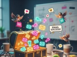 Influencer Outreach Made Easy: Scripts, Tools & Tips A cracked laptop spills glowing emails from a treasure chest onto a messy desk.