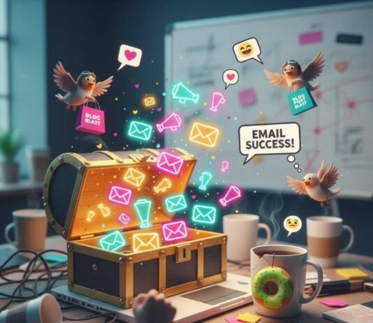 Influencer Outreach Made Easy: Scripts, Tools & Tips A cracked laptop spills glowing emails from a treasure chest onto a messy desk.