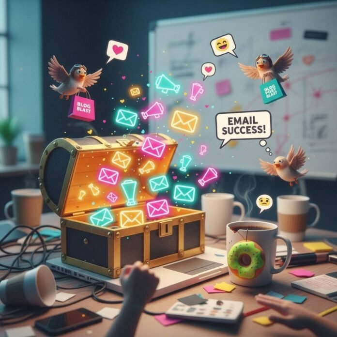 A cracked laptop spills glowing emails from a treasure chest onto a messy desk.