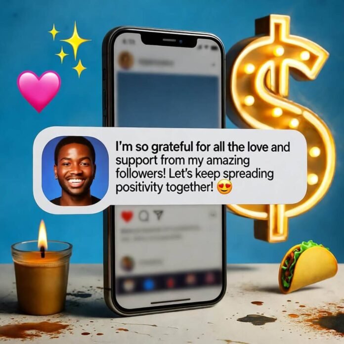 Bright smartphone with Instagram post, neon dollar sign, messy desk, emoji stickers, bold colors. Bright smartphone with Instagram post, neon dollar sign, messy desk, emoji stickers, bold colors.