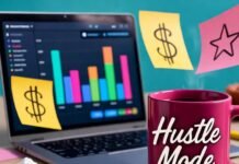 Best Tools for Managing Paid Campaigns as an Influencer Messy desk with glowing analytics laptop, "Hustle Mode" mug, half-eaten donut, sticky notes.