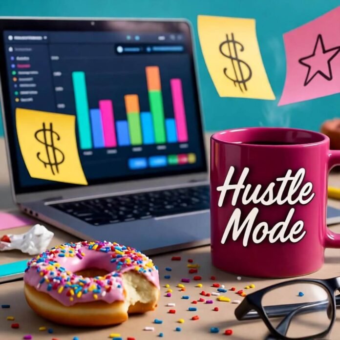 Messy desk with glowing analytics laptop, "Hustle Mode" mug, half-eaten donut, sticky notes. Messy desk with glowing analytics laptop, "Hustle Mode" mug, half-eaten donut, sticky notes.