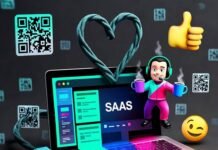 What is Influencer Marketing SaaS and Do You Need It? I generated images with the prompt: 'high-res image of a laptop screen cracking open like a piñata spilling neon SaaS dashboards, a tiny cartoon influencer juggling coffee mugs, and ethernet cables twisting into goofy heart shapes, styled as a slightly blurred photorealistic mess with glitchy edges, including floating QR codes turning into winking thumbs-up emojis, with a wryly funny but kinda hopeful vibe, featuring electric teal and hot magenta clashing on a matte black backdrop, peppy, bold, and popping with color, image ratio 1:1'