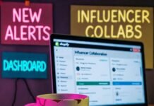 Influencer Marketing on Shopify: Monetize Your Online Store Glowing laptop with Shopify dashboard, chipped "Boss Babe" mug, neon notes, fluttering dollar bills.