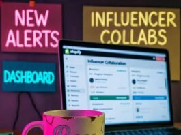 Influencer Marketing on Shopify: Monetize Your Online Store Glowing laptop with Shopify dashboard, chipped "Boss Babe" mug, neon notes, fluttering dollar bills.