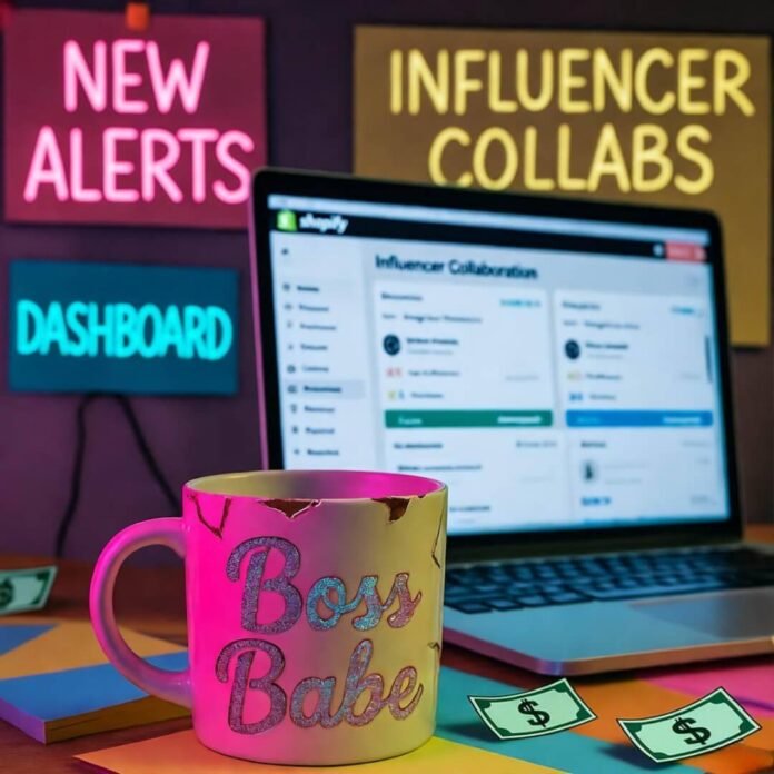 Glowing laptop with Shopify dashboard, chipped "Boss Babe" mug, neon notes, fluttering dollar bills. Glowing laptop with Shopify dashboard, chipped "Boss Babe" mug, neon notes, fluttering dollar bills.