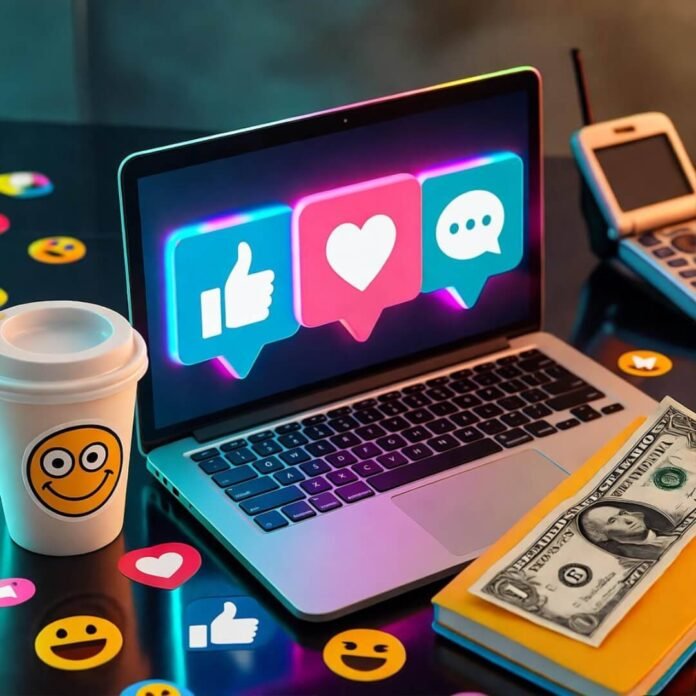 Neon-lit laptop with social media icons, spilled coffee, dollar, and retro phone. Neon-lit laptop with social media icons, spilled coffee, dollar, and retro phone.