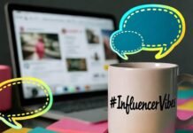 How to Plan a Winning Influencer Marketing Campaign? Cluttered desk with laptop, "#InfluencerVibes" mug, neon sticky notes, and speech bubbles.