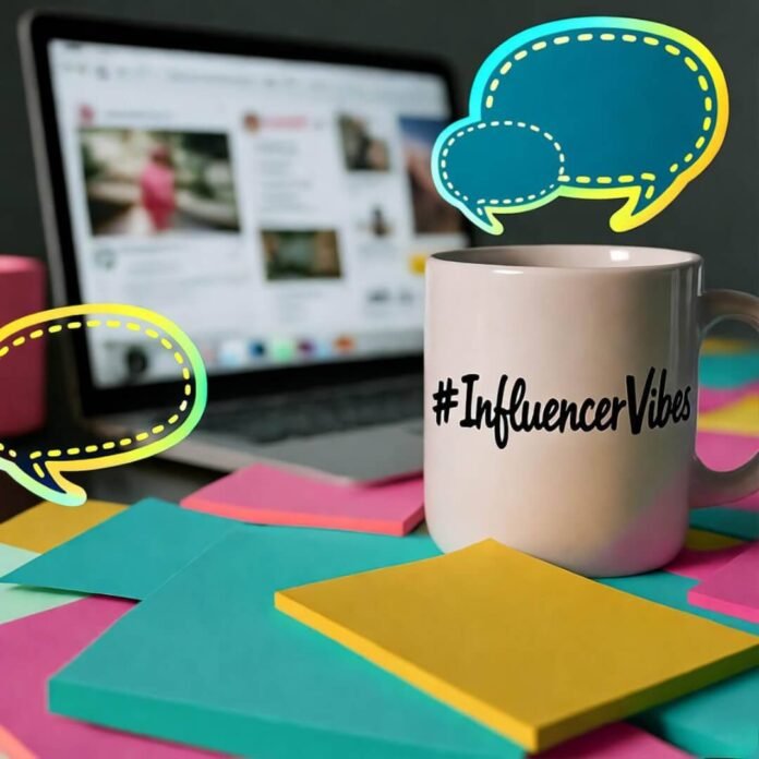 Cluttered desk with laptop, "#InfluencerVibes" mug, neon sticky notes, and speech bubbles. Cluttered desk with laptop, "#InfluencerVibes" mug, neon sticky notes, and speech bubbles.
