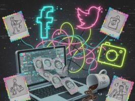 Best Influencer Discovery Tools for 2025 Cluttered, retro glitch-art desk with social media logos, glittery cards, and spilled coffee.