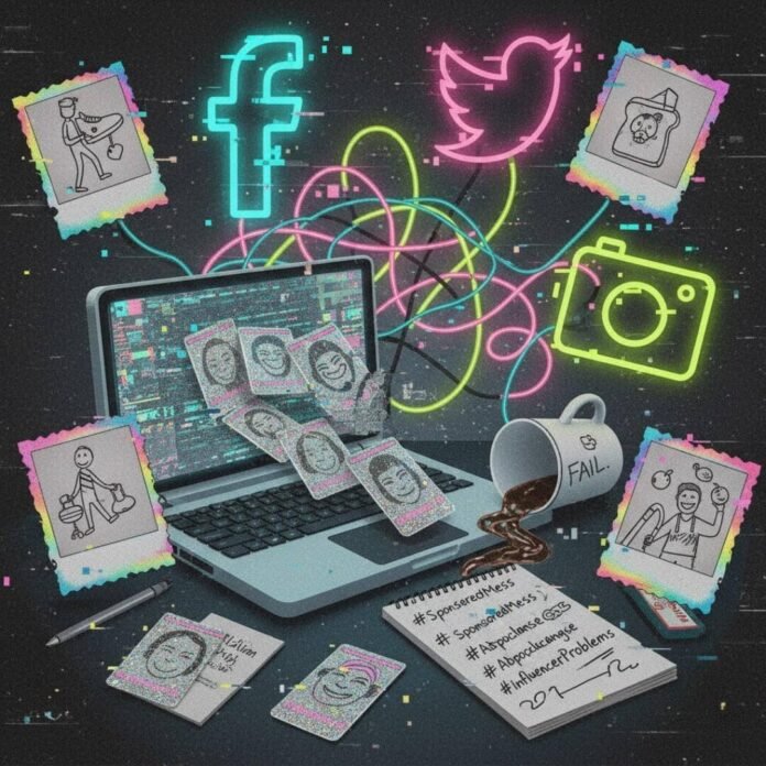 Cluttered, retro glitch-art desk with social media logos, glittery cards, and spilled coffee.