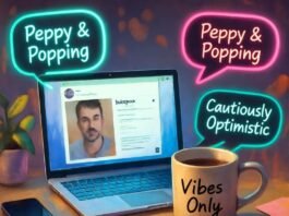How to Choose a Social Influencer Agency That Aligns with Your Brand? Cluttered desk with glowing laptop, chipped "Vibes Only" mug, sticky notes, neon bubbles.