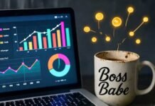 How to Track Influencer Analytics to Maximize ROI? Cluttered desk with glowing laptop, chipped "Boss Babe" mug, and "ROI???" note, neon data points floating.