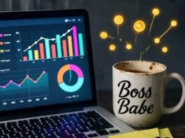 How to Track Influencer Analytics to Maximize ROI? Cluttered desk with glowing laptop, chipped "Boss Babe" mug, and "ROI???" note, neon data points floating.