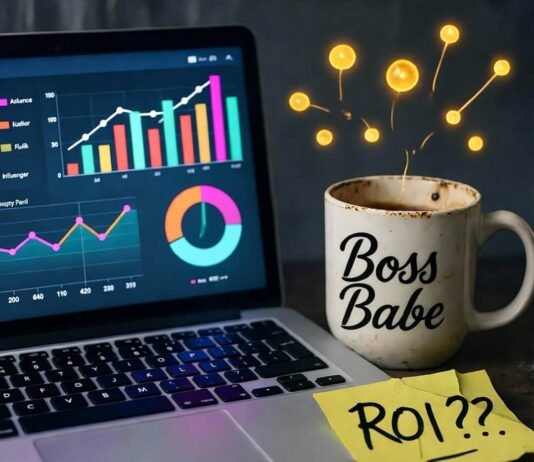 How to Track Influencer Analytics to Maximize ROI? Cluttered desk with glowing laptop, chipped "Boss Babe" mug, and "ROI???" note, neon data points floating.