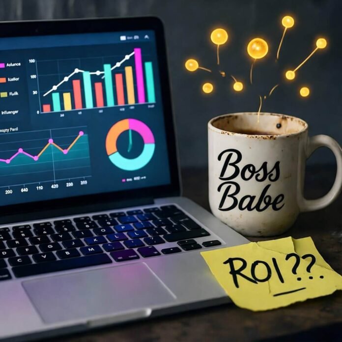Cluttered desk with glowing laptop, chipped "Boss Babe" mug, and "ROI???" note, neon data points floating. Cluttered desk with glowing laptop, chipped "Boss Babe" mug, and "ROI???" note, neon data points floating.
