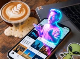 Social Media Marketing in 2025: Trends You Can’t Ignore Glowing smartphone with holographic influencer, spilled latte, scratched laptop, alien sticker.