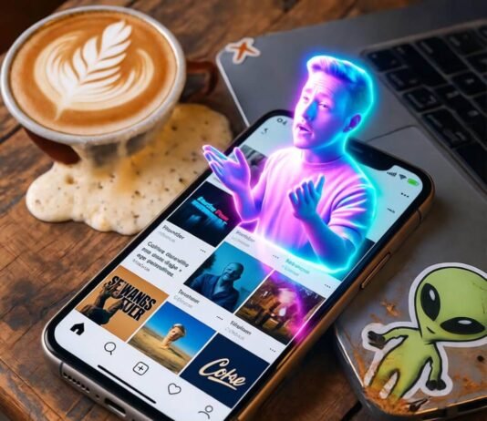 Social Media Marketing in 2025: Trends You Can’t Ignore Glowing smartphone with holographic influencer, spilled latte, scratched laptop, alien sticker.