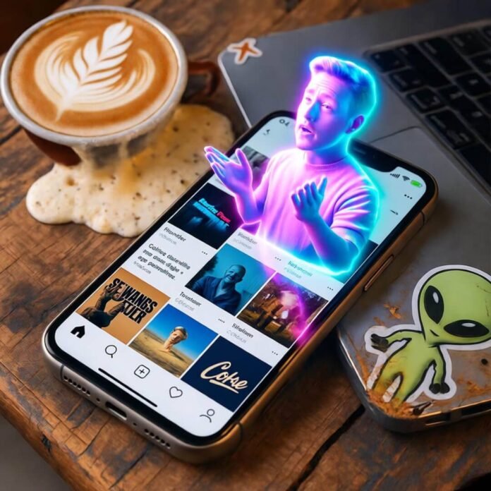 Glowing smartphone with holographic influencer, spilled latte, scratched laptop, alien sticker. Glowing smartphone with holographic influencer, spilled latte, scratched laptop, alien sticker.