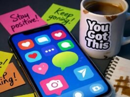 How to Build a Killer Social Media Strategy From Scratch Messy desk with glowing phone, chipped mug, notebook, and neon post-its.