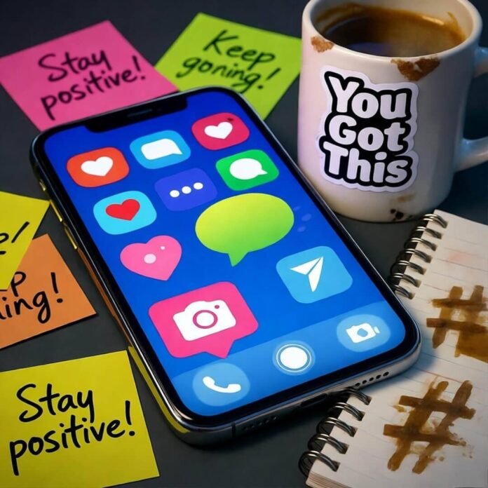 Messy desk with glowing phone, chipped mug, notebook, and neon post-its. Messy desk with glowing phone, chipped mug, notebook, and neon post-its.